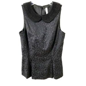 Kensie Sleeveless Brocade Peplum Top Beaded Peter Pan Collar Back Invisible Zip
